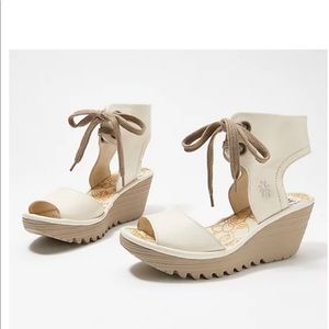 Fly London Cream and Tan Wedge Sandals